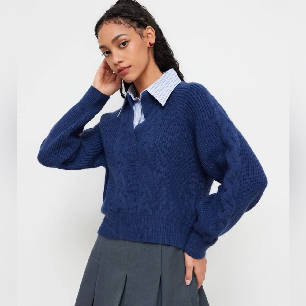 CIDER BLUE CABLE KNIT COLLAR TWO TONE LONG SLEEVE SWEATER TOP - xl